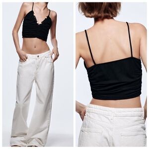 Zara Top Womens medium Beaded cropped bustier ruched Black New‎